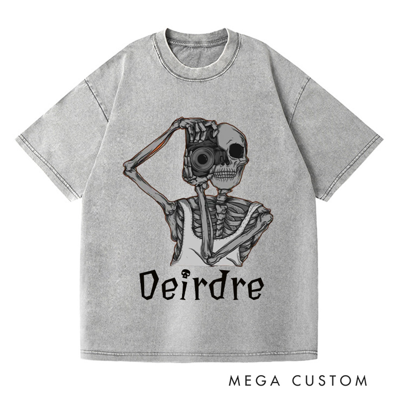Personalized Skeleton Take Photos Washed T-Shirts Skeleton Shirt Funny Skeleton Tee Gifts For Those Who Love To Travel And Record Trip Lover Gift