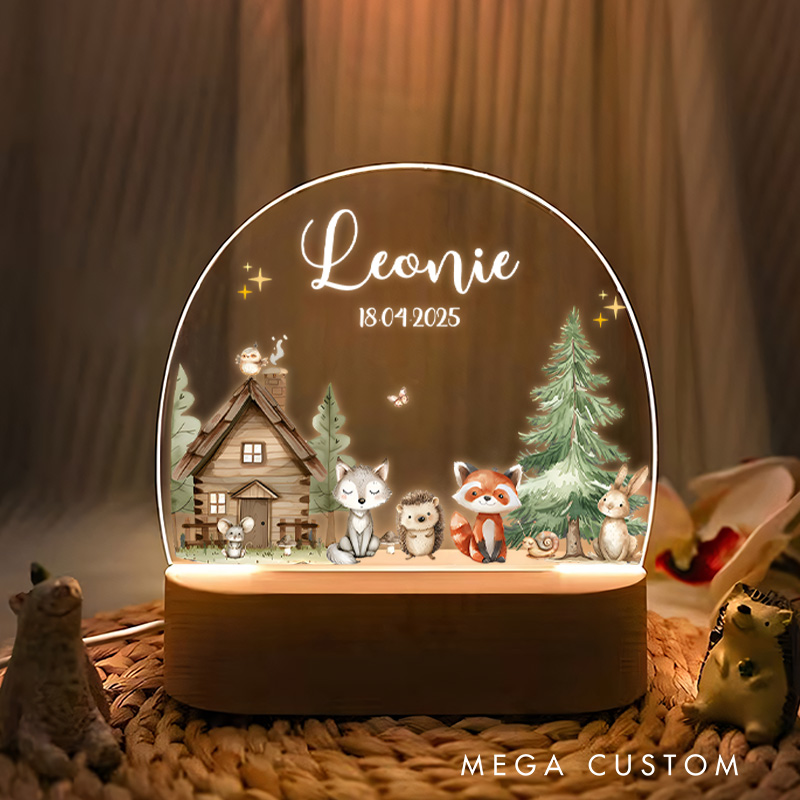 Personalized Cozy Woodland Cottage with Cute Forest Animals and Pine Tree for a Magical and Whimsical Night Lamp