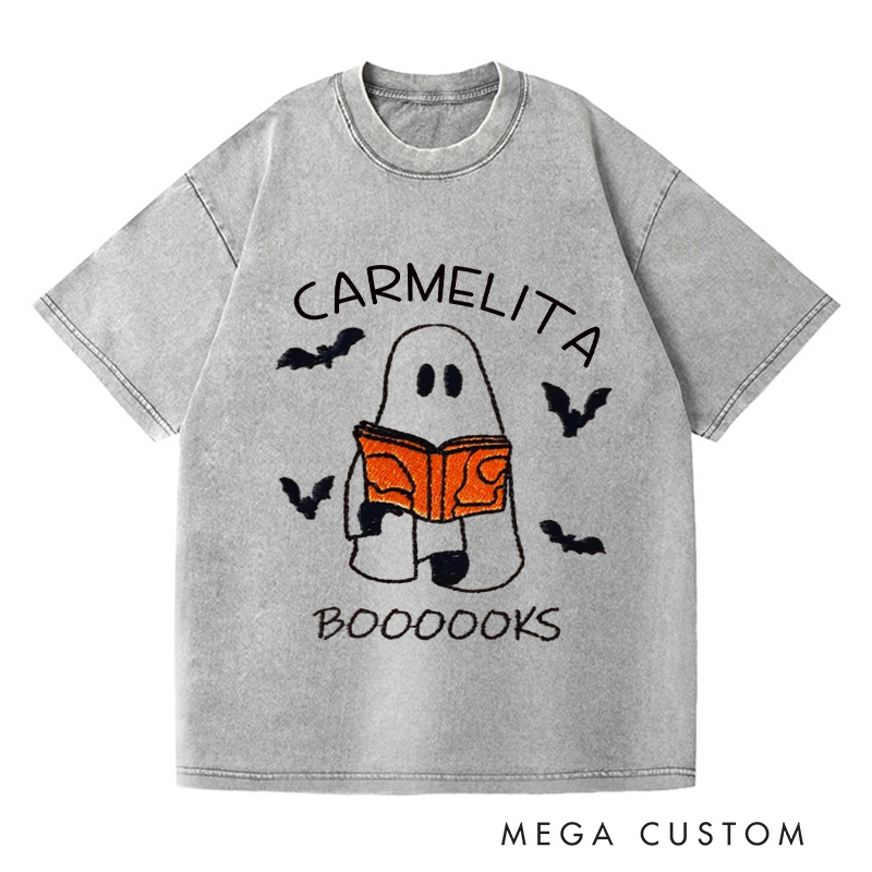 Personalized Booooks Washed T-Shirts Librarian Shirt Halloween Book Shirt Ghost Reading Shirt Reading Halloween Gift for Book Lover Shirt