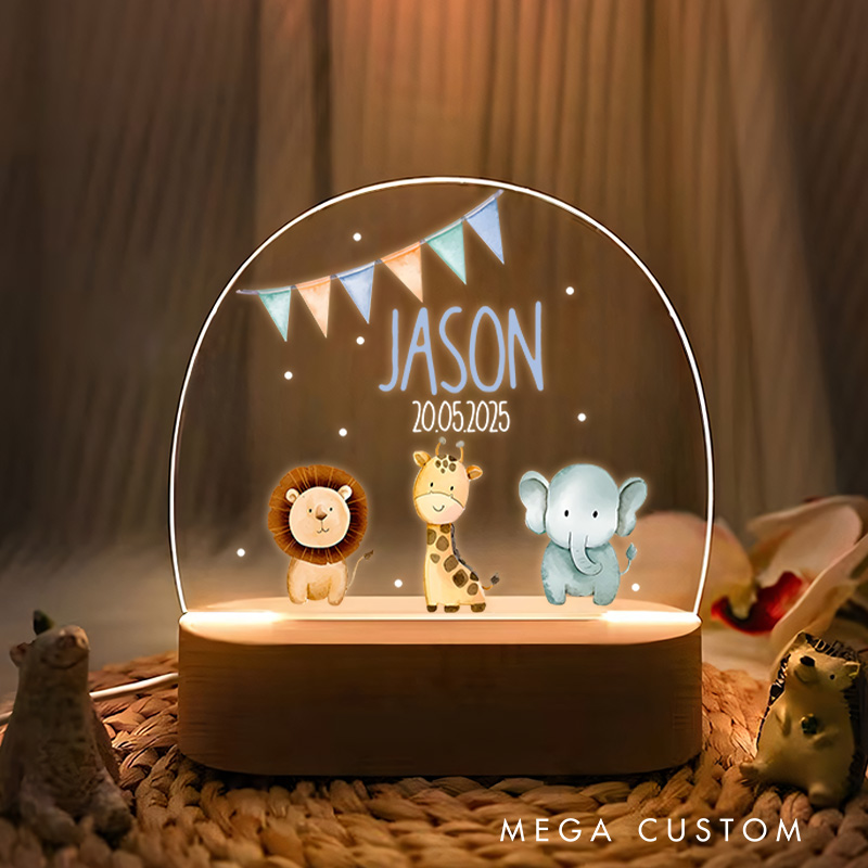 Personalized Cute Safari Animals with Festive Bunting and Gentle Starry Accents for a Joyful and Cheerful Night Lamp
