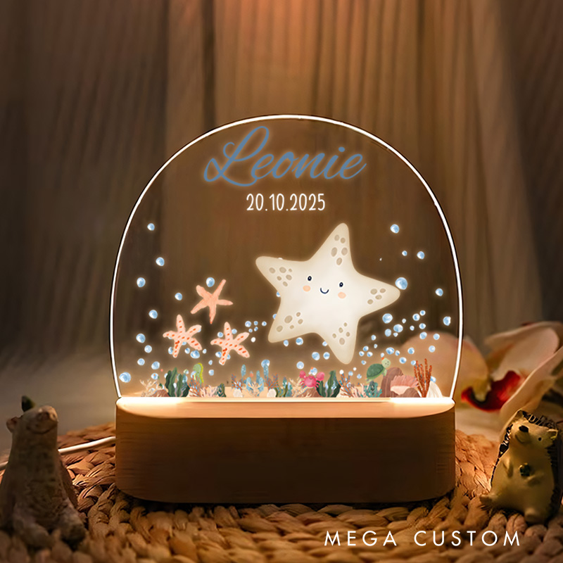 Personalized Smiling Starfish with Colorful Coral Reef and Bubbles Creating a Delightful Underwater Scene Night Lamp
