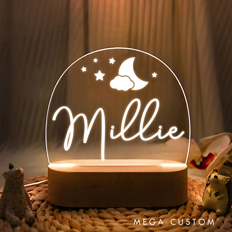 Personalized Gentle Moon and Stars with Soft Cloud Accents Creating a Calm and Dreamy Atmosphere Night Lamp