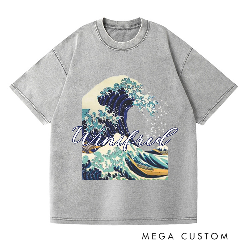 Personalized Giant Wave Washed T-Shirts Artistic Shirts Vacation Tee Customized Name Shirt Gift For Traveler