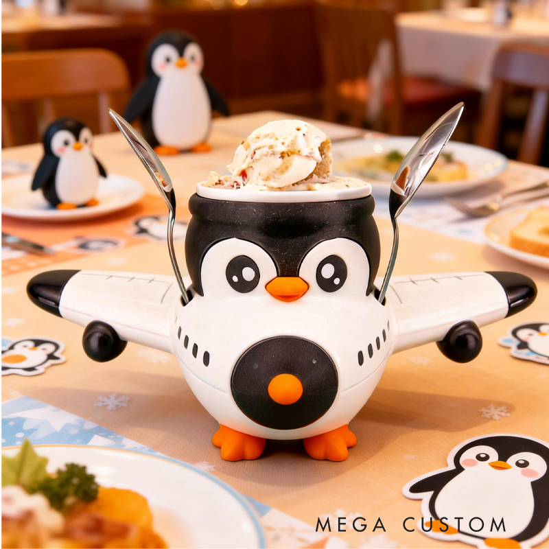 Cute Penguin Flying a Plane Ice Cream Pint Holder 3D Printed Cozy with Spoon Slot Easter Gifts