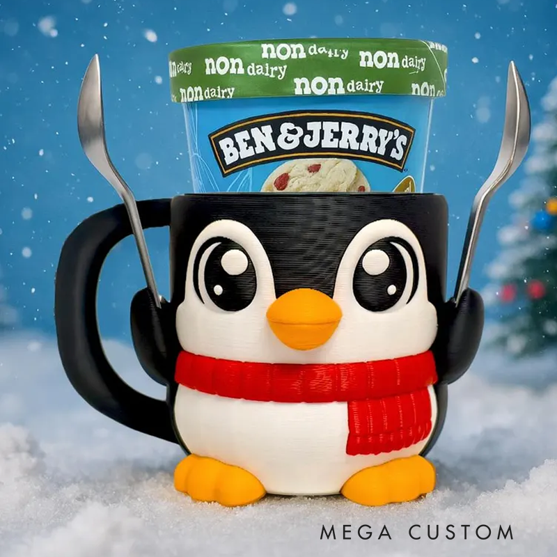 Cute Penguins Wearing Scarves Ice Cream Pint Holder 3D Printed with 2 Spoon Slots Cozy Birthday Gifts for Kids