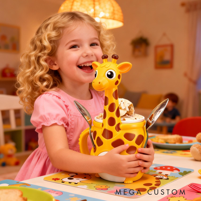 Cute Giraffe Ice Cream Pint Holder 3D Printed with 2 Spoon Slots Cozy Birthday Gifts for Kids