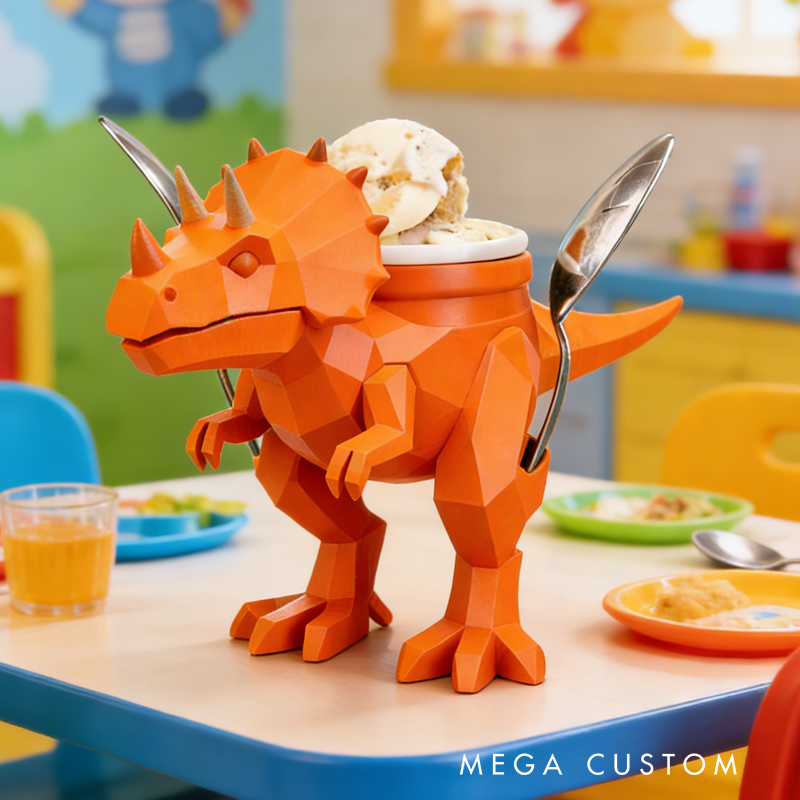 Cool Orange Dinosaur Ice Cream Pint Holder 3D Printed with 2 Spoon Slots Cozy Birthday Gifts for Kids