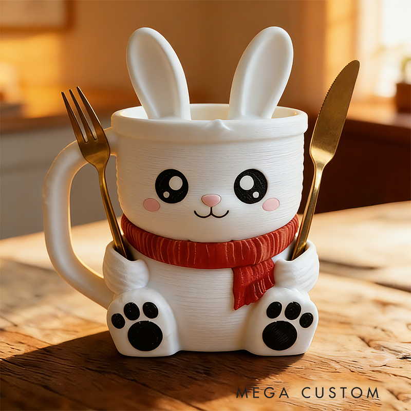 Cartoon Red Scarf Rabbit Ice Cream Pint Holder 3D Printed with 2 Spoon Slots Cozy Birthday Gifts for Kids