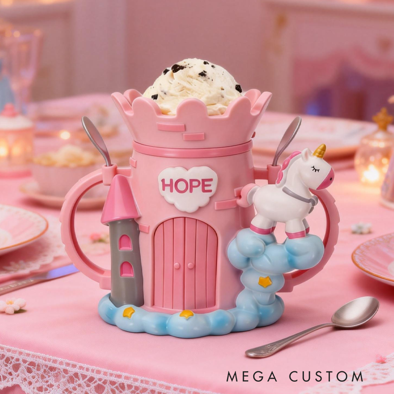 Cartoon Unicorn Castle Ice Cream Pint Holder 3D Printed with 2 Spoon Slots Cozy Birthday Gifts for Kids