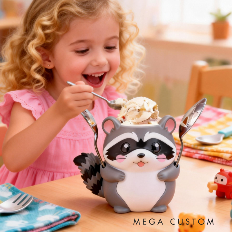 Cute Cartoon Raccoon Ice Cream Pint Holder 3D Printed with 2 Spoon Slots Cozy Birthday Gifts for Kids