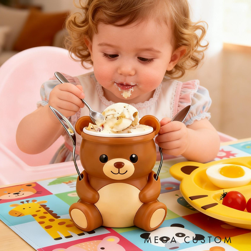 Cute Brown Bear Ice Cream Pint Holder 3D Printed with 2 Spoon Slots Cozy Birthday Gifts for Kids