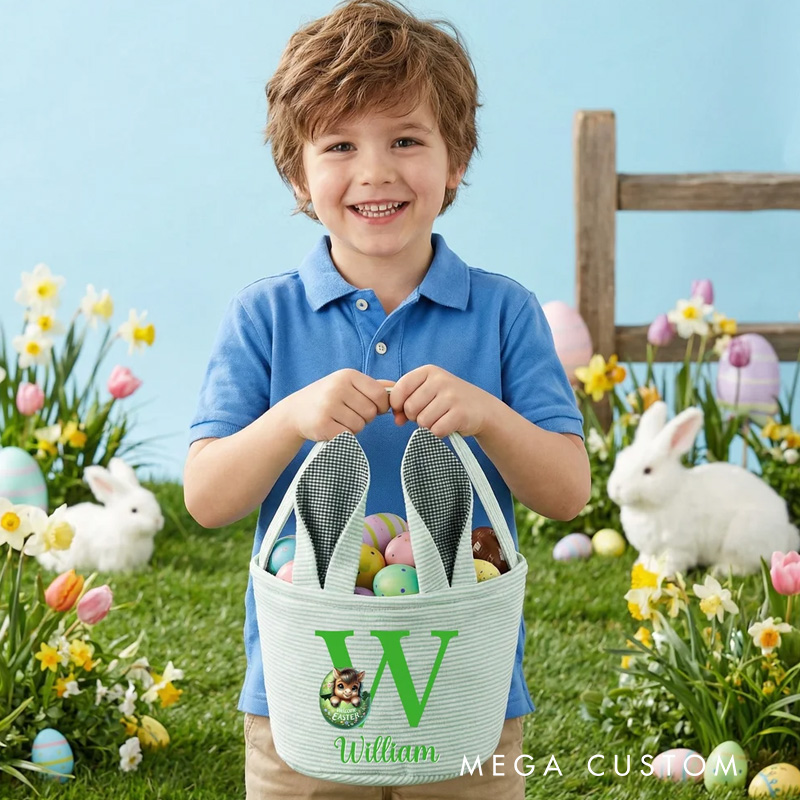 Personalized Multi-Color Cute Animal Bunny Ears Easter Basket with Name and Initial Daily Use Holiday Party Easter Gift for Children