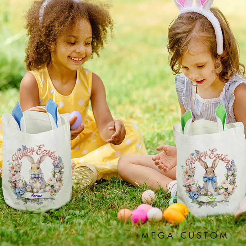 Personalized Wreath Cartoon Rabbit Easter Basket with Name and Bunny Ears Egg Hunting Accessory Easter Gift for Kids