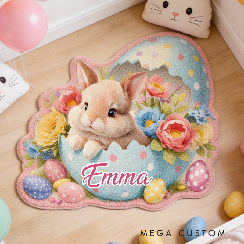 Personalized Cute Easter Bunnies and Eggs Rug with Name Home Decor Easter Gift for Kids
