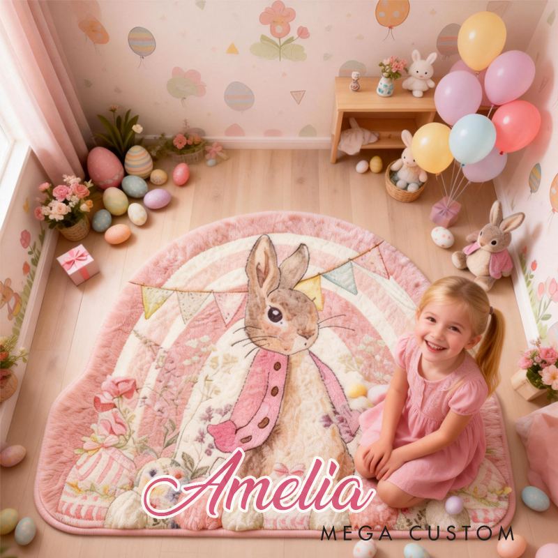 Personalized Cute Pink and Blue Easter Bunnies Rug with Name Home Decor Easter Gift for Kids