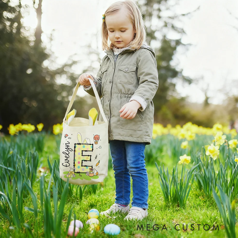 Personalized Easter Bunny Carrot Eggs Large Capacity Basket with Name and Initial Easter Eggs Hunting Party Favors Gift for Boys Girls