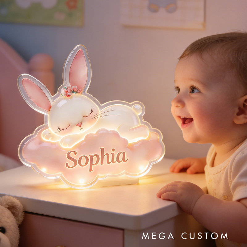 Personalized Fun Custom Name Adorable Bunny Dreamland Theme Baby Room Decoration Acrylic LED Night Light