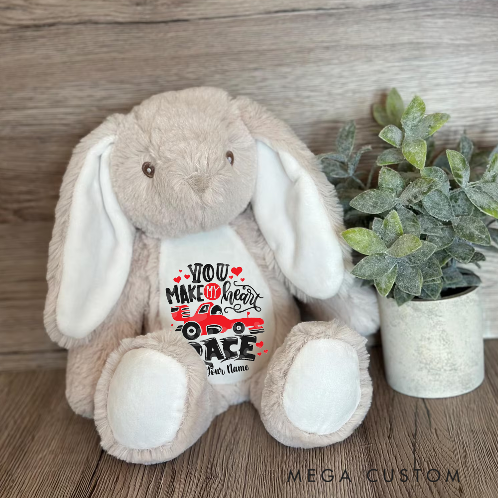 Personalized Racing Bunny Plush Custom Gift for Easter Valentine’s Day and Car Enthusiasts