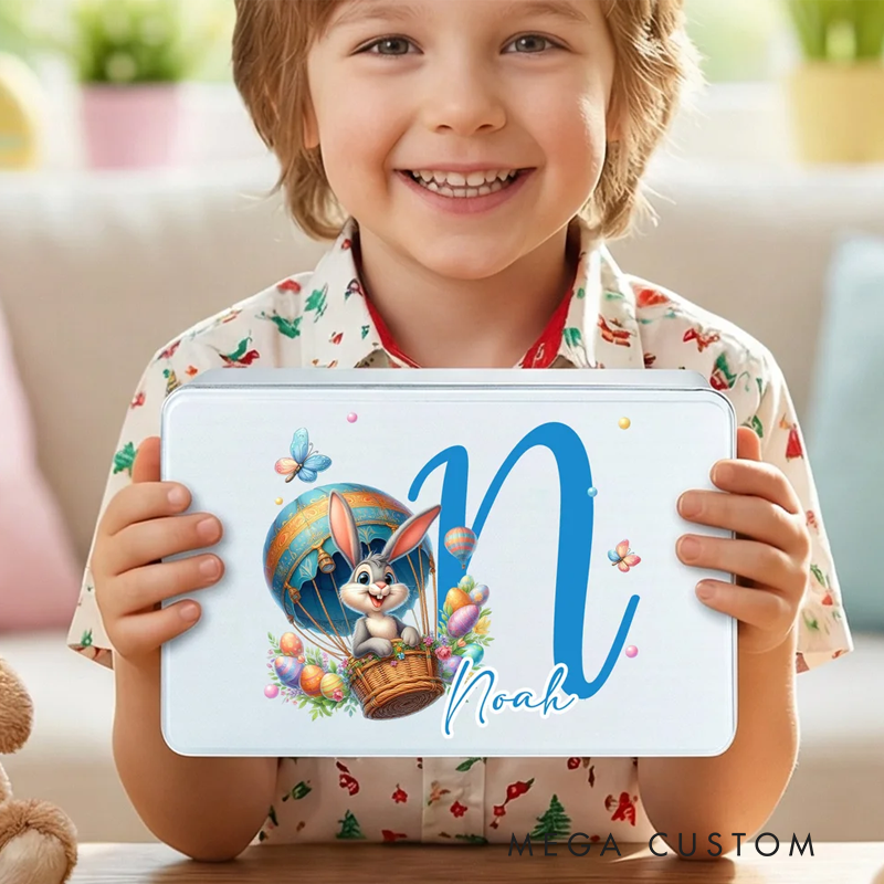 Personalized Easter Bunny Eggs Food Grade Metal Biscuit Tin Storage Box with Name and Initial Easter Holiday Gift for Family Kids