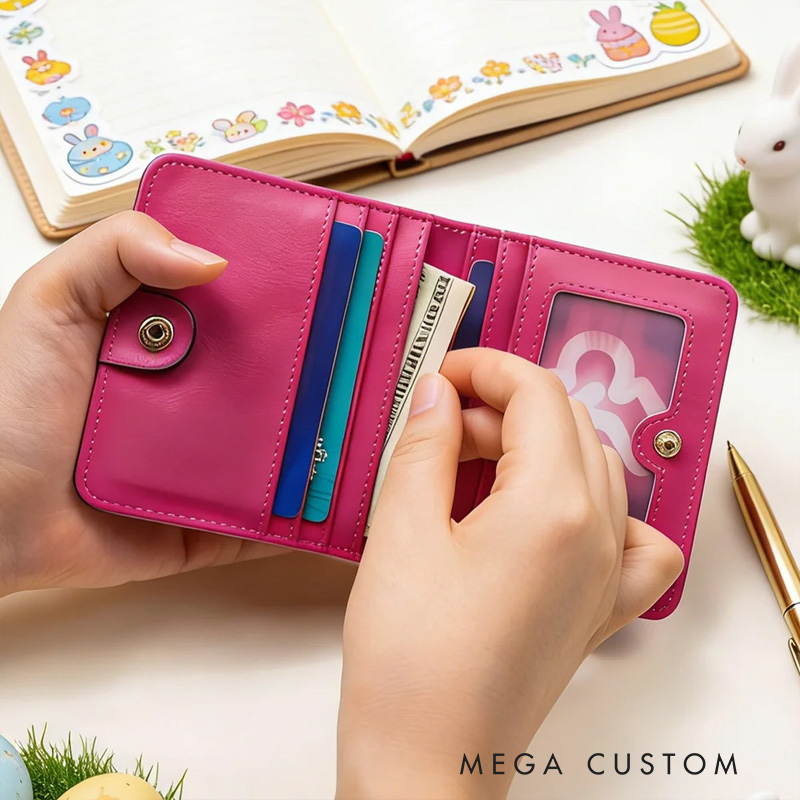 Personalized Cute Rabbit Initial PU Leather Bifold Pocket Wallet with Multiple Card Slots with Name Easter Gift for Girls