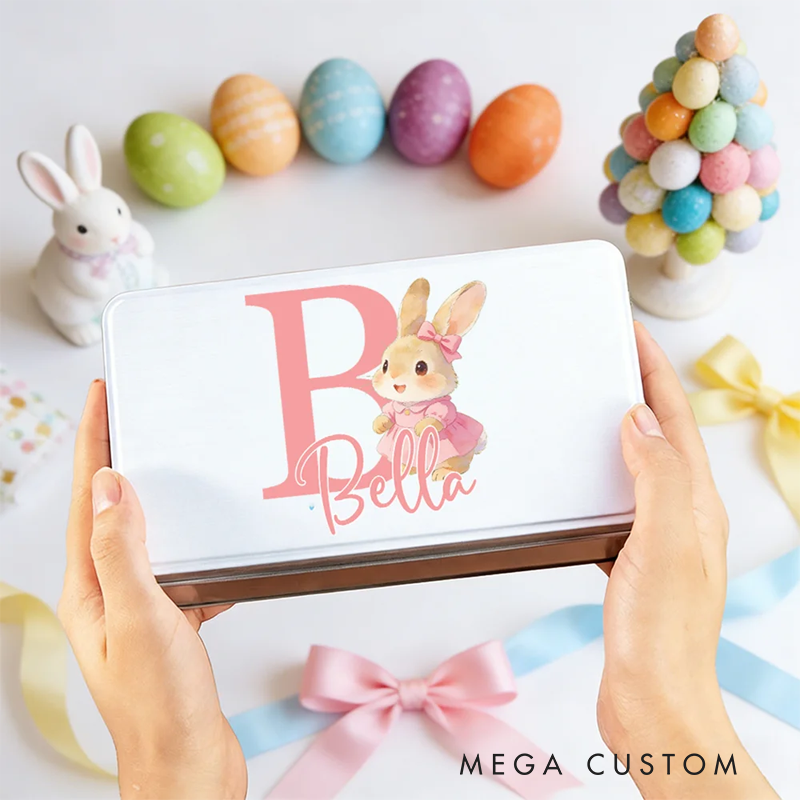 Personalized Cute Cartoon Rabbit Initial Biscuit Tin Storage Box with Name Easter Party Gift for Kids Family