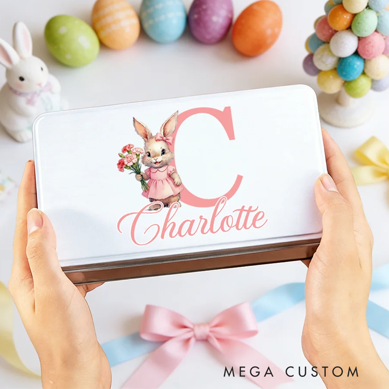 Personalized Birth Flower Cute Bunny Easter Biscuit Tin Box with Name and Initial Easter Party Easter Gift for Children