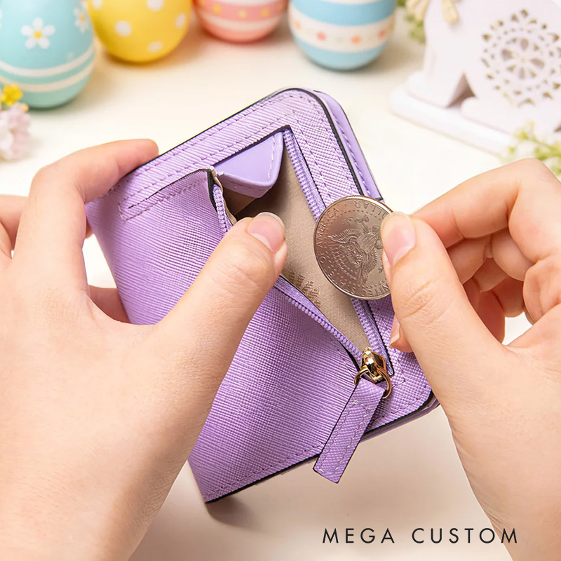 Personalized Easter Bunny Ears Initial PU Leather Wallet with Name Easter Gift for Girls