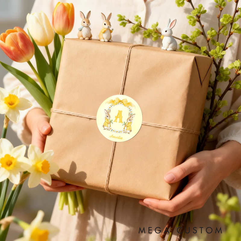 Personalized Cute Flower Peter Rabbit Set of 2 Easter Waterproof Stickers Labels with Name and Initial Easter Day Decor Party Favors for Family Kids