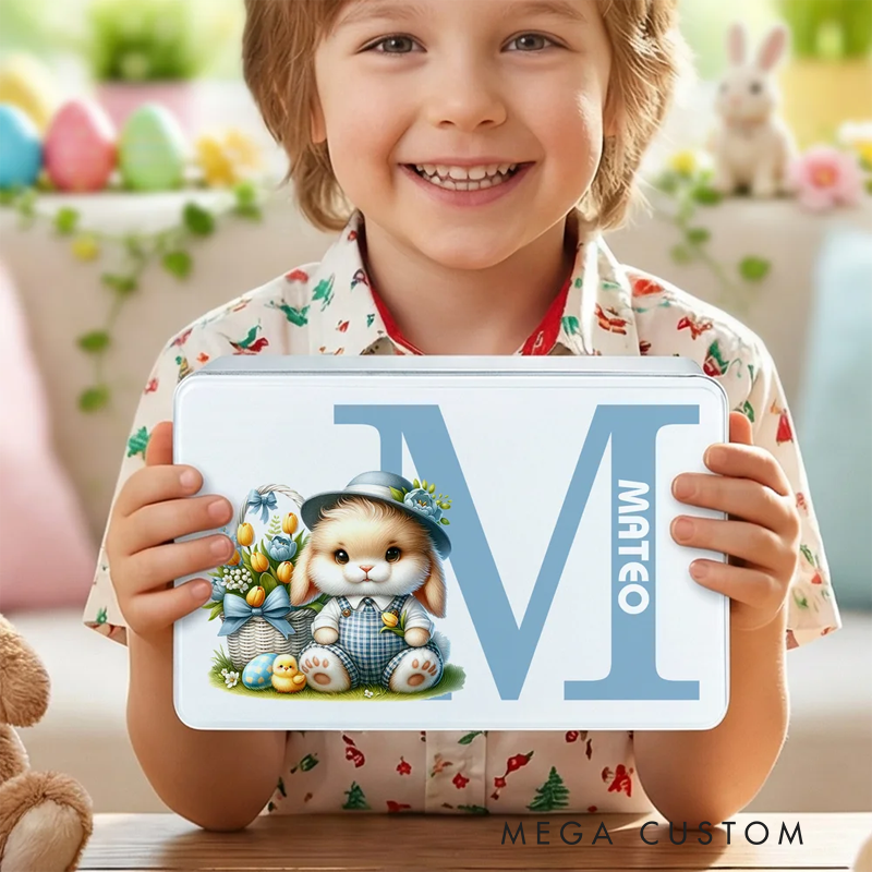 Personalized Cute Bunny Flowers Easter Eggs Initial Food Grade Metal Biscuit Tin Storage Box with Name Easter Holiday Gift for Family Kids