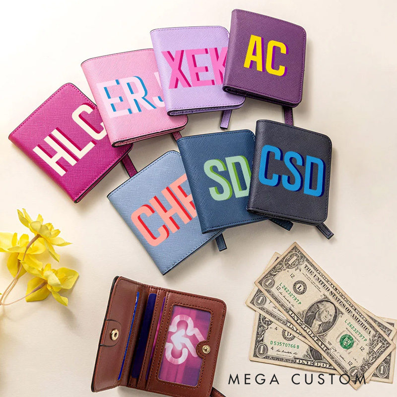 Personalized Shadow Name Leather Compact Bifold Pocket Wallet with Name Birthday Anniversary Gift for Women Girls