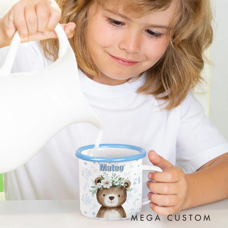 Personalized Cartoon Wreath Deer Bear Animals 12 oz Colored Rim Enamel Mug with Name Daily Use Christmas Birthday Gift for Boys and Girls