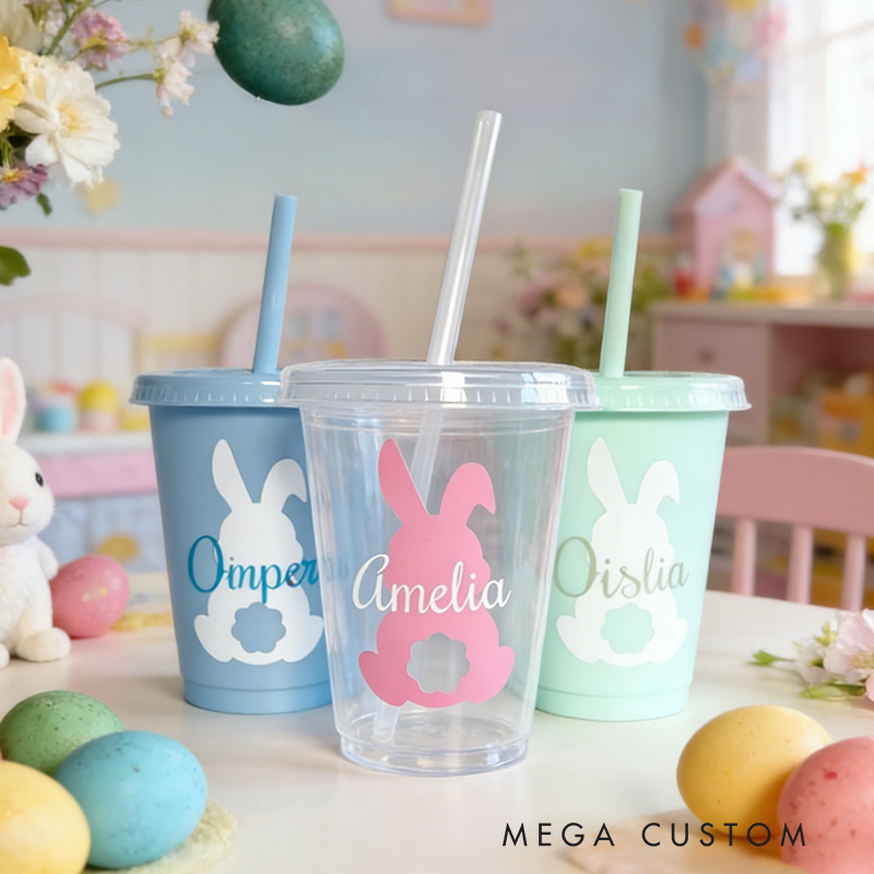 Personalized Easter Bunny Name Cup Cute Pastel Holiday Gift for Kids Spring Party Favor Children's cup with straw