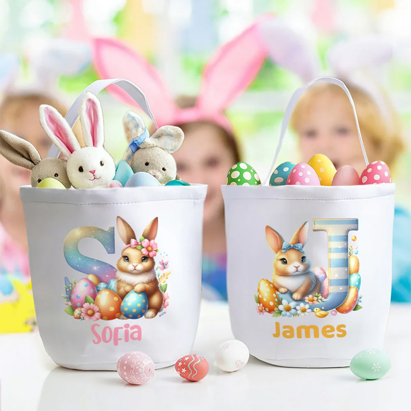 Personalized Cute Easter Bunny Initial Canvas Bucket Basket with Name Easter Egg Hunting Easter Party Favors Gift for Kids
