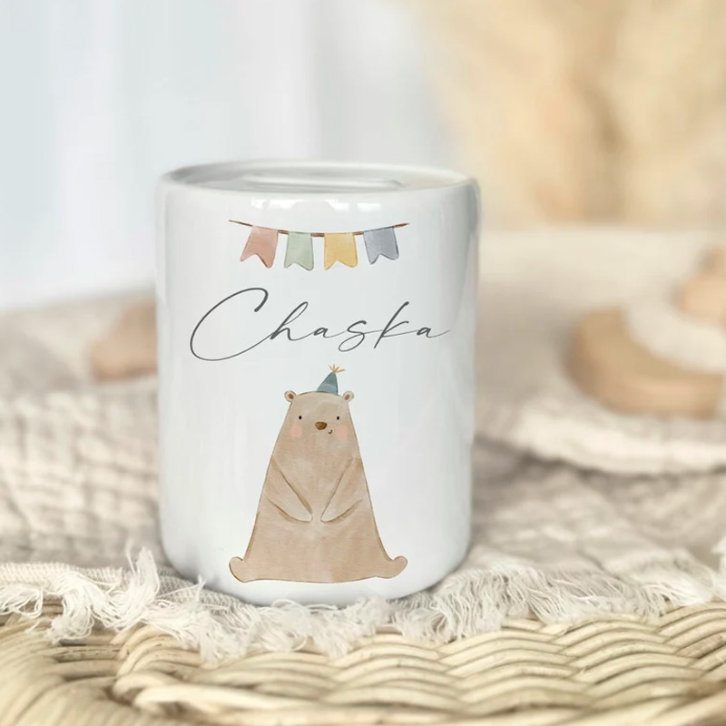 Personalized Woodland Animal Theme Name Ceramic Money Box Cute Nursery Gift Baby Keepsake Piggy Bank