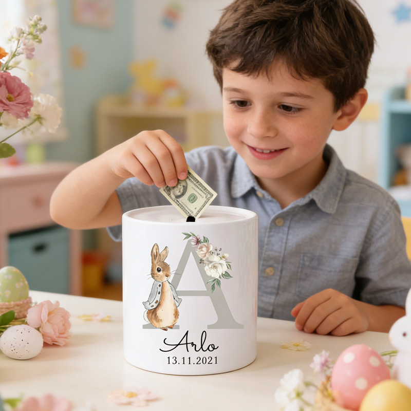 Personalized Bunny Initial Name Floral Letter Baby Gift Ceramic Money Box Nursery Keepsake Piggy Bank