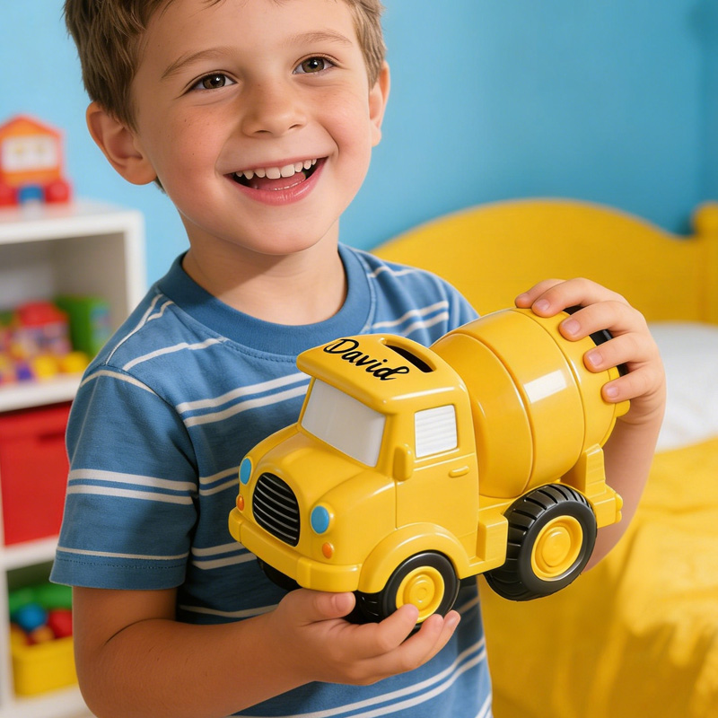 Personalized Construction Truck Theme Name Yellow Cement Mixer Toy Money Box Kids Room Decor 3D Printing Piggy Bank