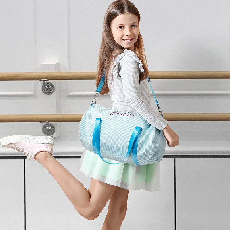 Personalized Embroidery Name Striped Large Seersucker Dance Duffle Bag with Shoulder Strap Back to School Birthday Gift for Girls