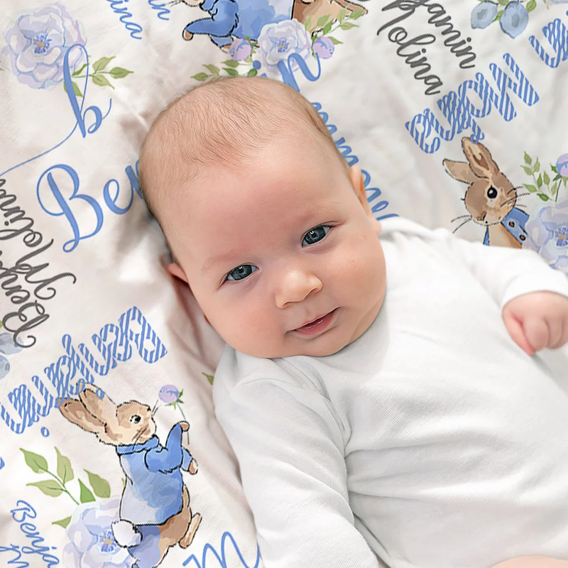 Personalized Rabbit Bunny Floral Blanket with Initial and Name Easter Birthday Gift for Kids