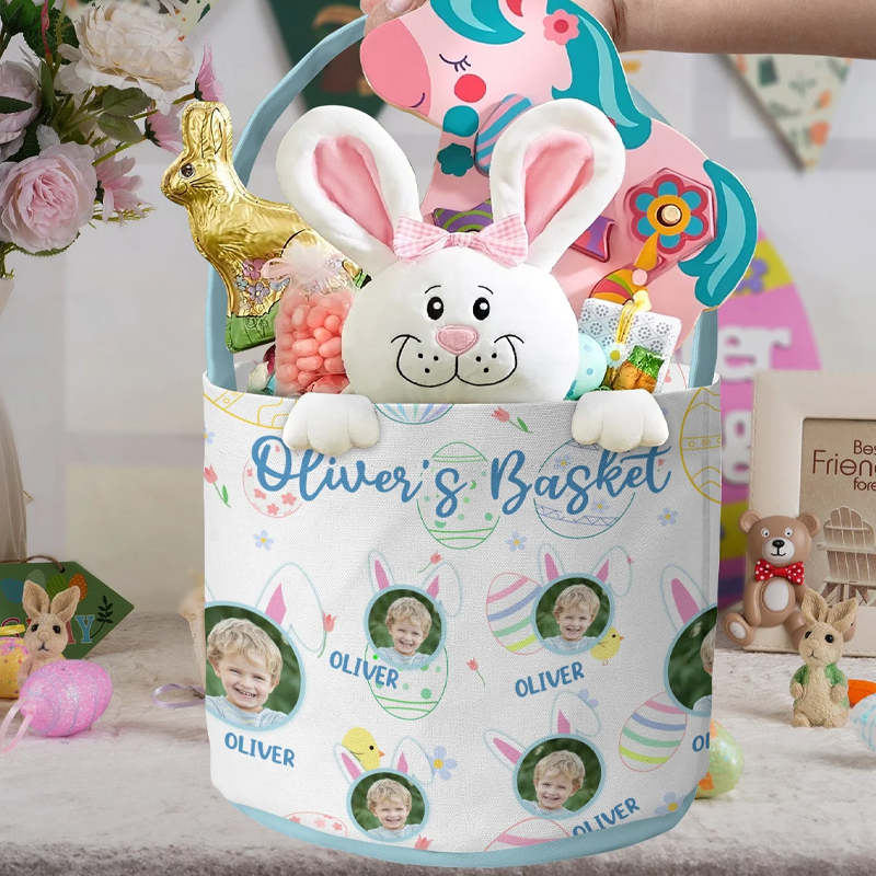 Personalized Kid Happy Easter with Bunny Ears Photo Easter Basket Easter Gifts for Kids