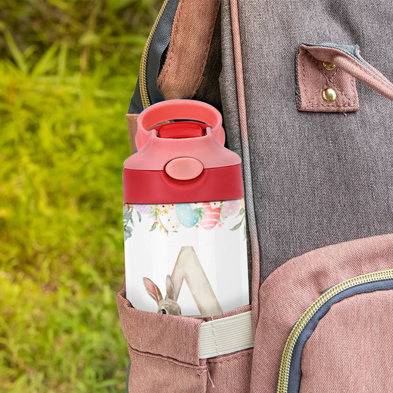 Personalized Cute Easter Bunny Initial 12oz Kid Insulated Name Water Bottle with Handle and Silicone Straw Easter Birthday Gift for Boys Girls