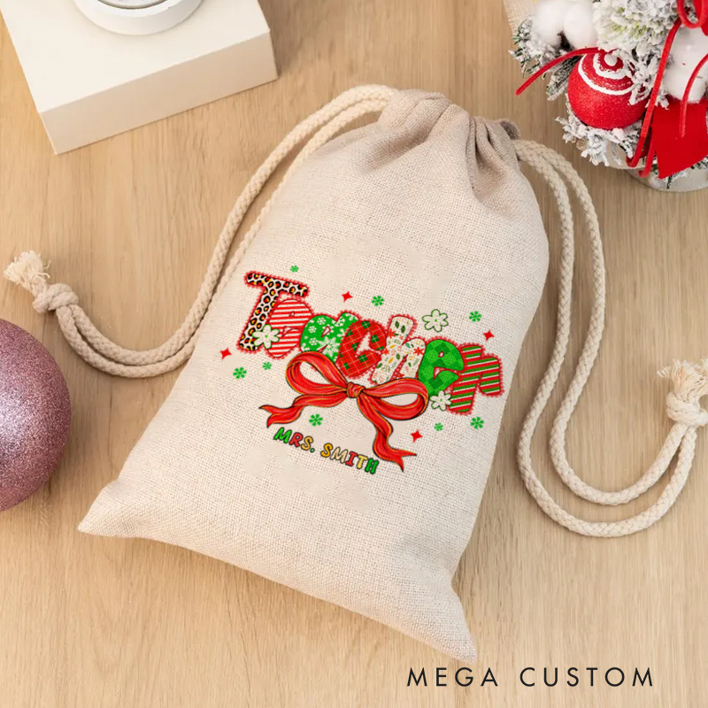 Personalised Christmas Santa Sack for Teachers Custom Teacher Bow Design Sack Christmas Gift