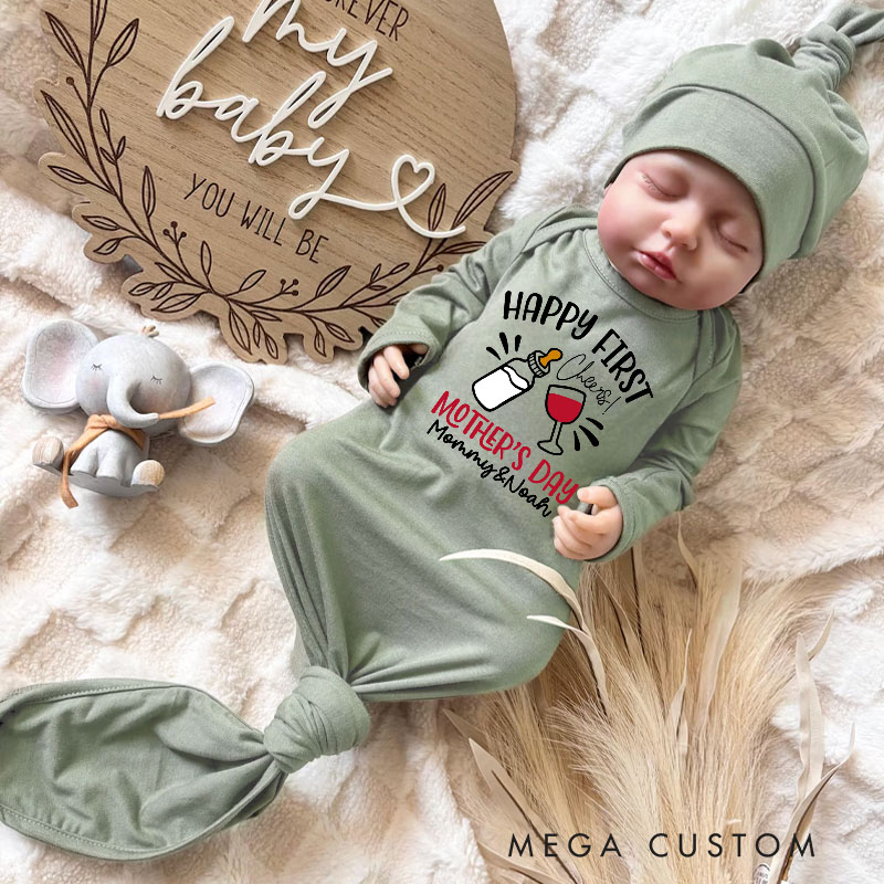 Personalized Cheers with Milk Bottle and Wine Glass for First Mother's Day Celebration Baby Gowns