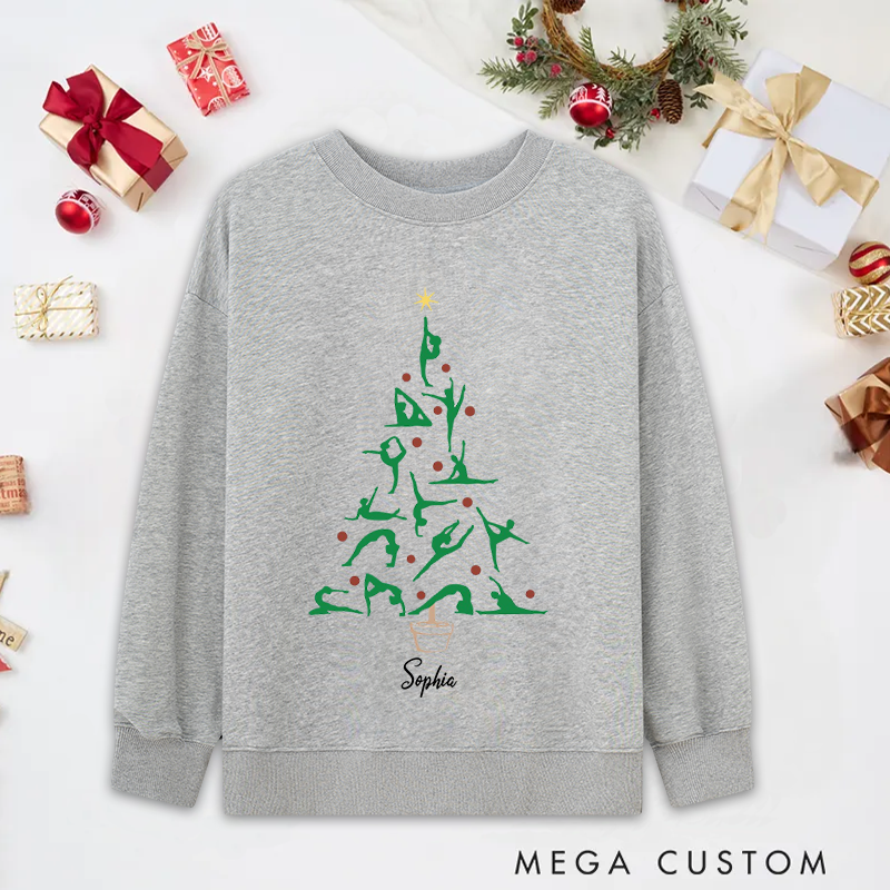 Personalized Christmas Yoga Classic Ugly Sweatshirts with Festive Tree and Yoga Poses Design Perfect for Yoga Lover and Holiday Gift