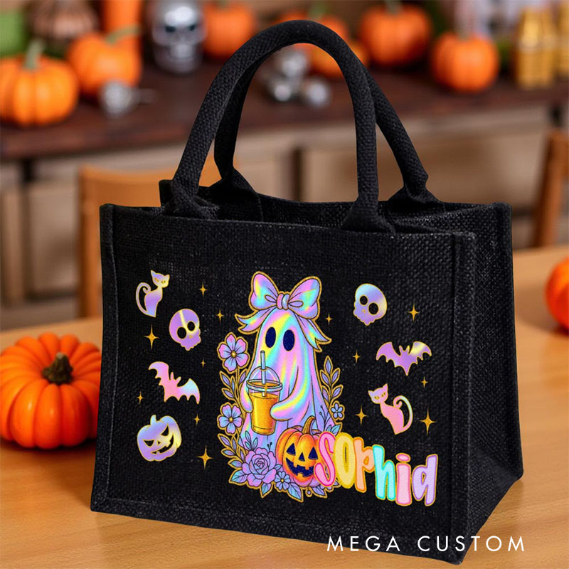 Personalized Laser Style Cartoon Bow Ghost Skull Bat Large Linen Tote Bag with Name Trick or Treat Halloween Party Gift for Kids