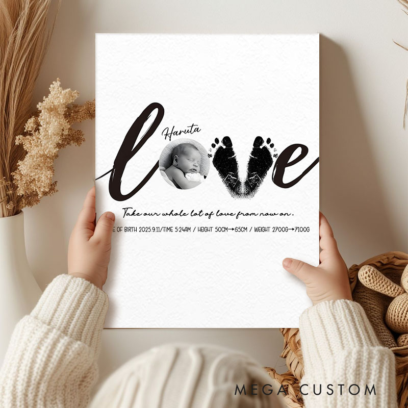 Personalized Love Canvas with Custom Name and Footprint Art for Heartfelt Nursery Wall Decor
