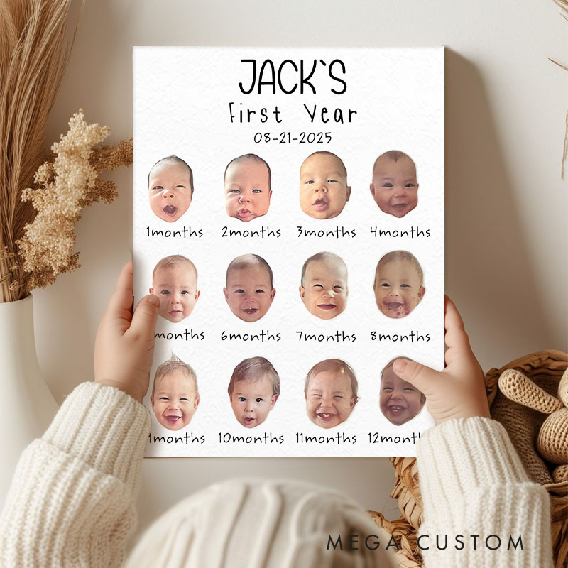 Personalized Baby's First Year Photo Collage with Custom Name and Monthly Milestones for Baby Room
