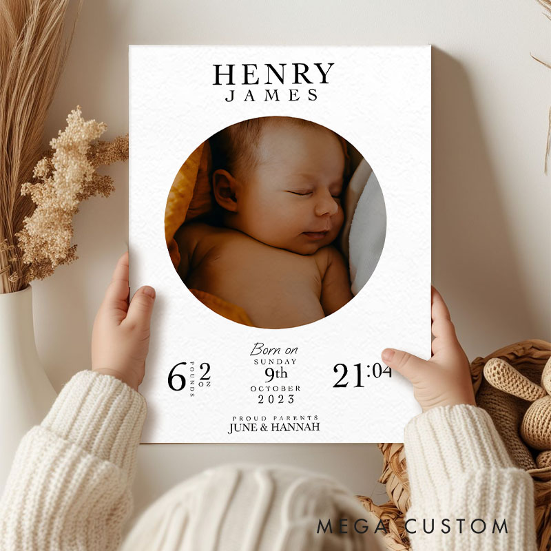 Personalized Baby Announcement Canvas with Custom Photo Name and Birth Details for Nursery Decor