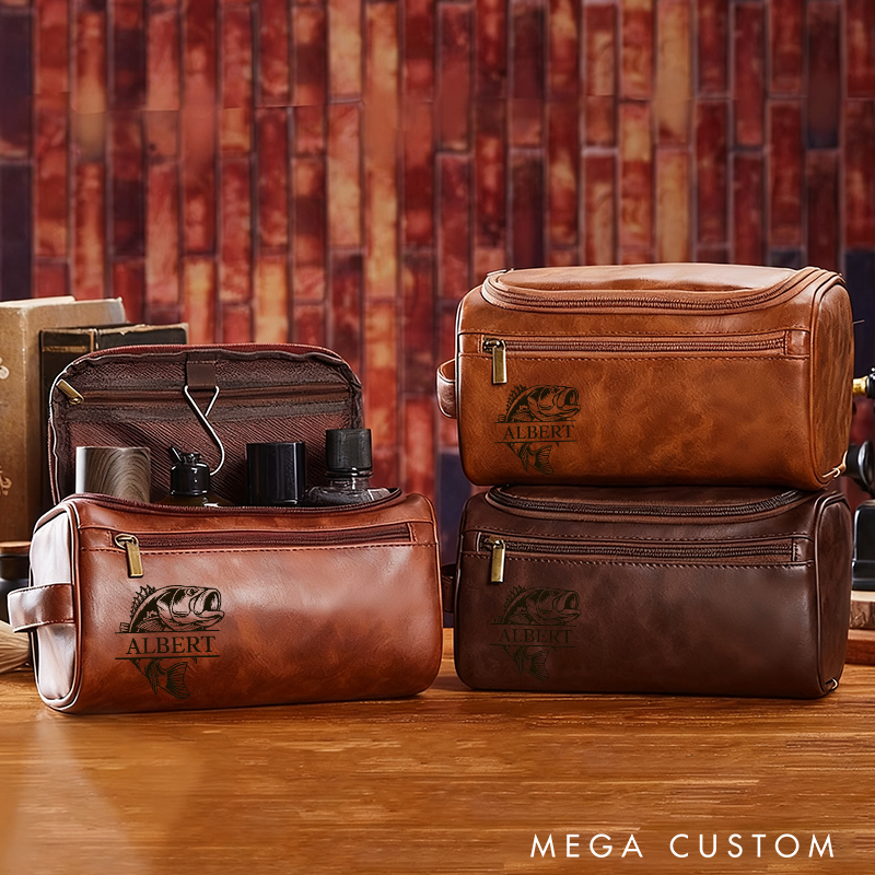 Personalized Fishing Gift Men Leather Travel Organizer Essential Wash Kit for Travel Fisherman Perfect Gift for Fishing Lover