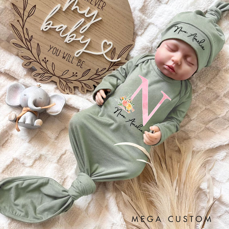 Personalized Soft Pink Floral Initial with Delicate Name Typography Baby Gowns