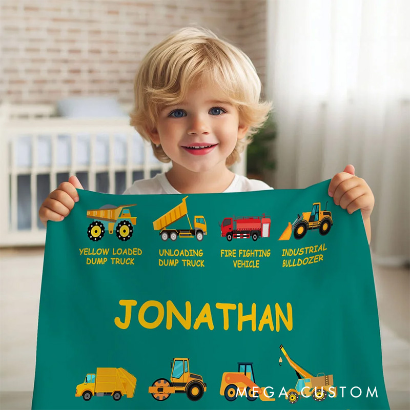 Personalized Work Vehicles Construction Trucks Kids Blanket with Name for Boys Girls Truck Lover Couch Sofa Bed Decor